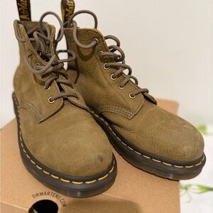 Dr. Martens Khaki Leather Boots with Yellow Stitching